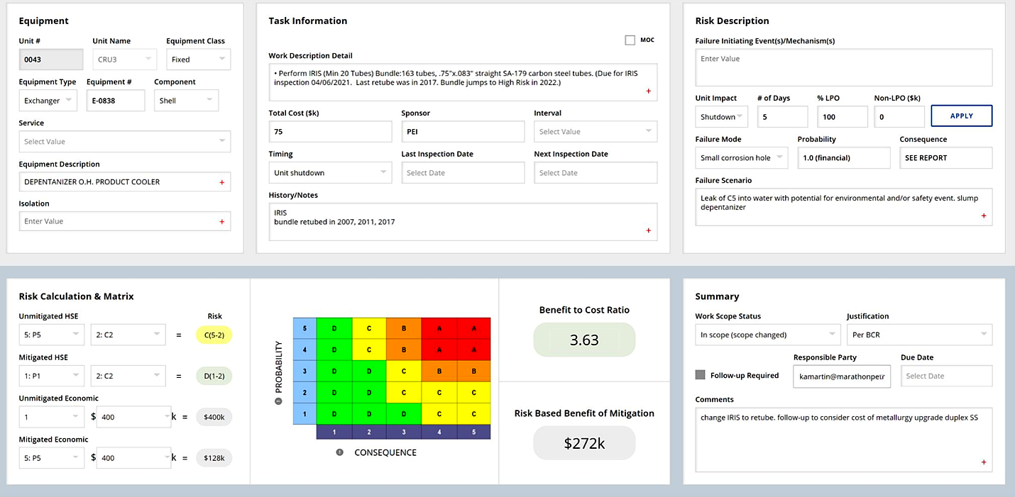Example of risk calculator interface showing unmitigated and mitigated HSE and economic risks
